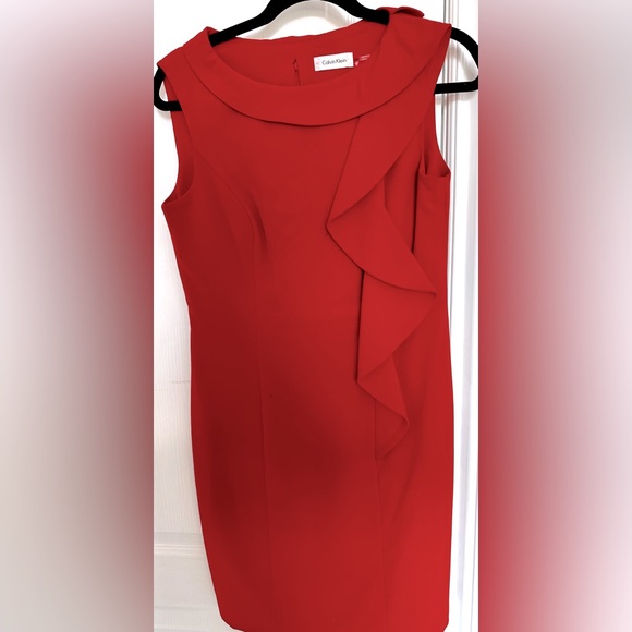 CALVIN KLIEN RED RUFFLE SLEEVELESS DRESS SIZE 4 - Picture 1 of 6